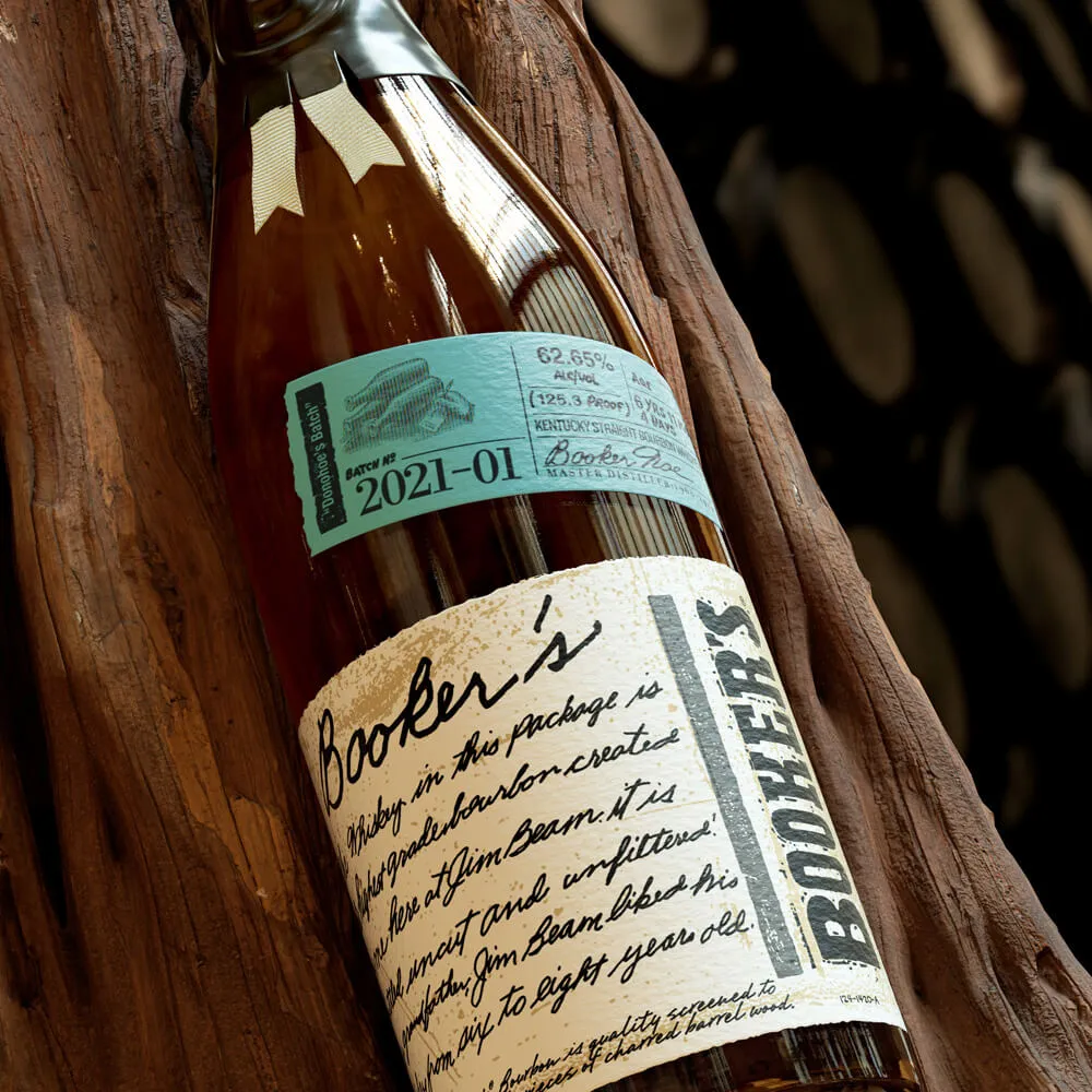 Booker’s bottle batch 2021-01 with box and dark background