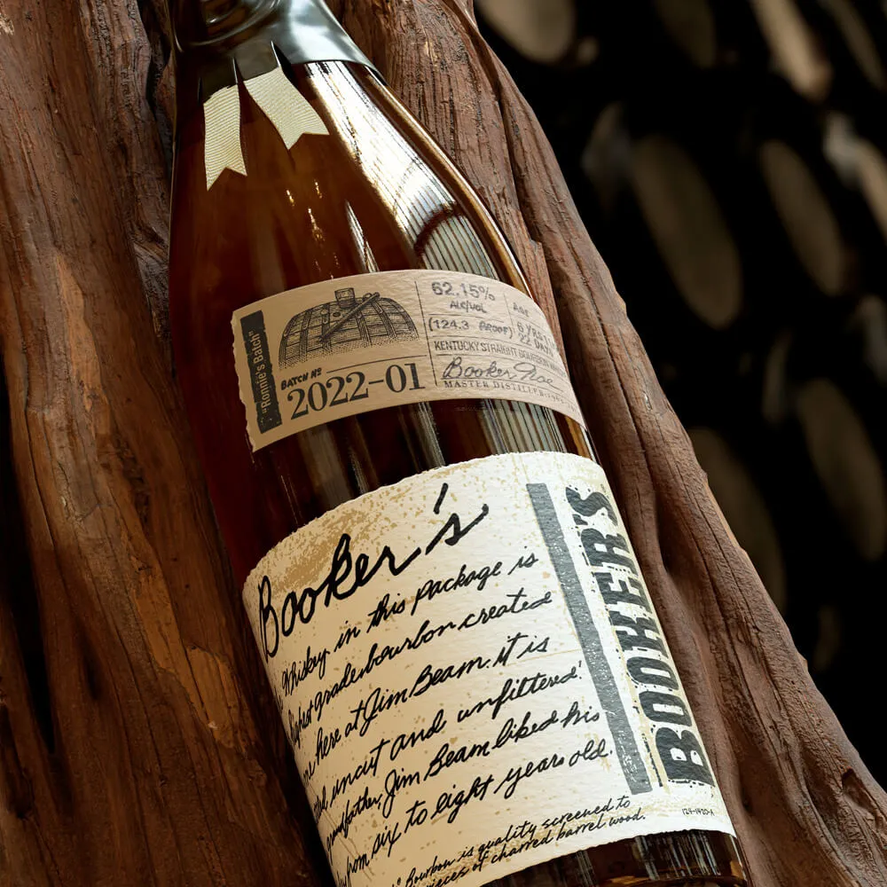 Booker’s bottle batch 2022-01 with box and dark background